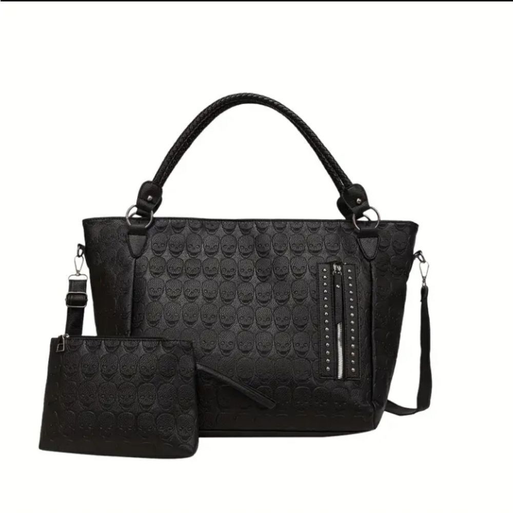 Black Skull Handbag Crossbody Bag with Wristlet & Hankerchief